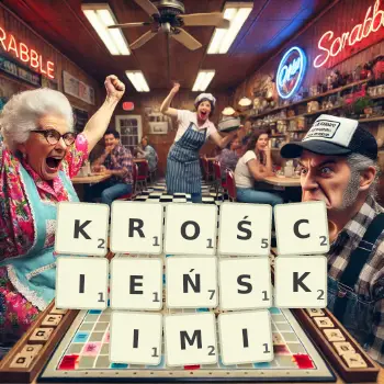 Kreatywna ilustracja do gry w Scrabble ze słowem KROŚCIEŃSKIMI ułożonym z płytek na planszy.