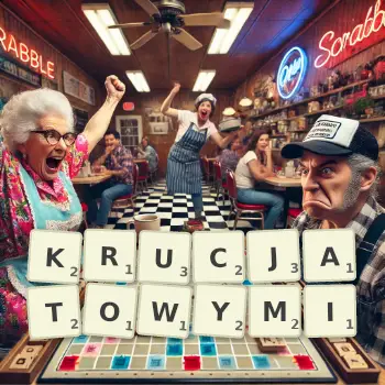 Kreatywna ilustracja do gry w Scrabble ze słowem KRUCJATOWYMI ułożonym z płytek na planszy.