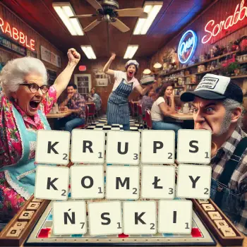 Kreatywna ilustracja do gry w Scrabble ze słowem KRUPSKOMŁYŃSKI ułożonym z płytek na planszy.