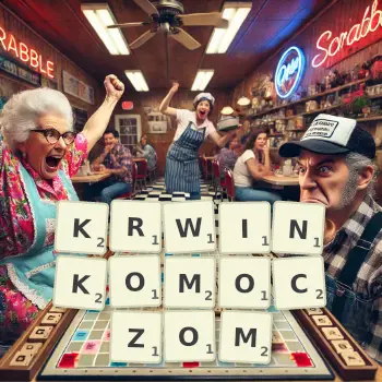 Kreatywna ilustracja do gry w Scrabble ze słowem KRWINKOMOCZOM ułożonym z płytek na planszy.