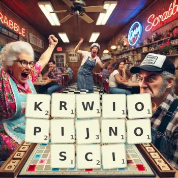 Kreatywna ilustracja do gry w Scrabble ze słowem KRWIOPIJNOSCI ułożonym z płytek na planszy.