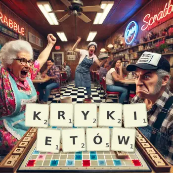 Kreatywna ilustracja do gry w Scrabble ze słowem KRYKIETÓW ułożonym z płytek na planszy.