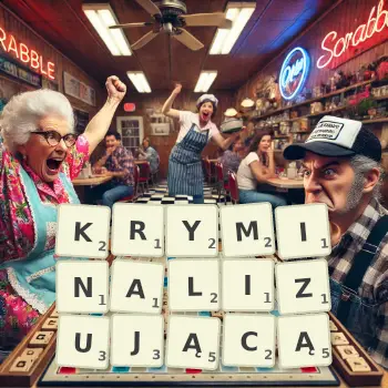 Kreatywna ilustracja do gry w Scrabble ze słowem KRYMINALIZUJĄCĄ ułożonym z płytek na planszy.