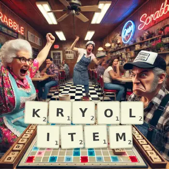 Kreatywna ilustracja do gry w Scrabble ze słowem KRYOLITEM ułożonym z płytek na planszy.
