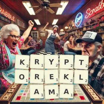 Kreatywna ilustracja do gry w Scrabble ze słowem KRYPTOREKLAMA ułożonym z płytek na planszy.