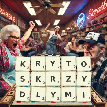 Kreatywna ilustracja do gry w Scrabble ze słowem KRYTOSKRZYDLYMI ułożonym z płytek na planszy.