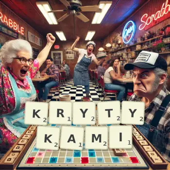 Kreatywna ilustracja do gry w Scrabble ze słowem KRYTYKAMI ułożonym z płytek na planszy.