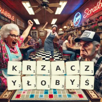 Kreatywna ilustracja do gry w Scrabble ze słowem KRZACZYŁOBYŚ ułożonym z płytek na planszy.