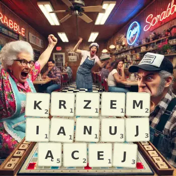 Kreatywna ilustracja do gry w Scrabble ze słowem KRZEMIANUJĄCEJ ułożonym z płytek na planszy.