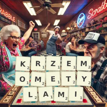 Kreatywna ilustracja do gry w Scrabble ze słowem KRZEMOMETYLAMI ułożonym z płytek na planszy.
