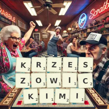 Kreatywna ilustracja do gry w Scrabble ze słowem KRZESZOWICKIMI ułożonym z płytek na planszy.