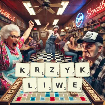 Kreatywna ilustracja do gry w Scrabble ze słowem KRZYKLIWE ułożonym z płytek na planszy.