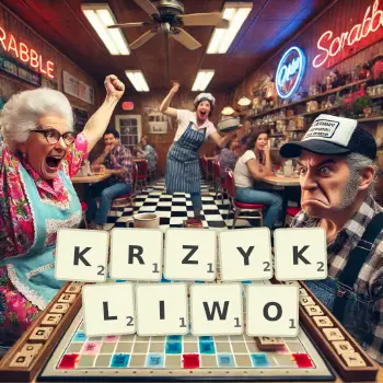 Kreatywna ilustracja do gry w Scrabble ze słowem KRZYKLIWO ułożonym z płytek na planszy.