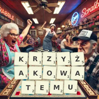 Kreatywna ilustracja do gry w Scrabble ze słowem KRZYŻAKOWATEMU ułożonym z płytek na planszy.