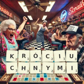 Kreatywna ilustracja do gry w Scrabble ze słowem KRÓCIUCHNYMI ułożonym z płytek na planszy.