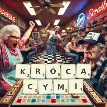 Kreatywna ilustracja do gry w Scrabble ze słowem KRÓCĄCYMI ułożonym z płytek na planszy.