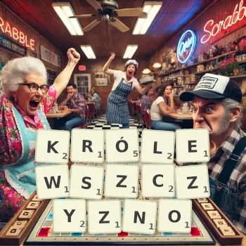 Kreatywna ilustracja do gry w Scrabble ze słowem KRÓLEWSZCZYZNO ułożonym z płytek na planszy.