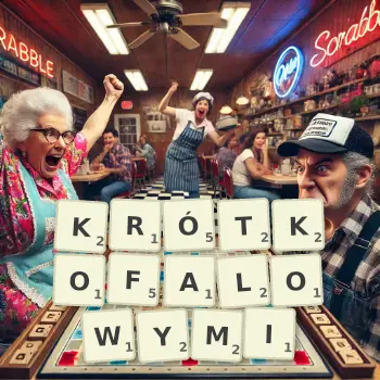 Kreatywna ilustracja do gry w Scrabble ze słowem KRÓTKOFALOWYMI ułożonym z płytek na planszy.