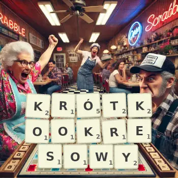 Kreatywna ilustracja do gry w Scrabble ze słowem KRÓTKOOKRESOWY ułożonym z płytek na planszy.