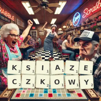 Kreatywna ilustracja do gry w Scrabble ze słowem KSIAZECZKOWY ułożonym z płytek na planszy.