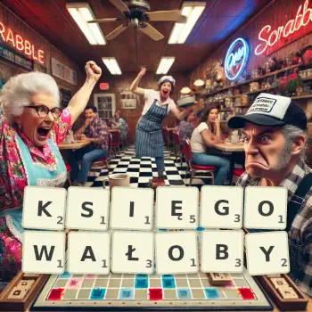 Kreatywna ilustracja do gry w Scrabble ze słowem KSIĘGOWAŁOBY ułożonym z płytek na planszy.