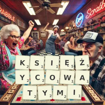 Kreatywna ilustracja do gry w Scrabble ze słowem KSIĘŻYCOWATYMI ułożonym z płytek na planszy.