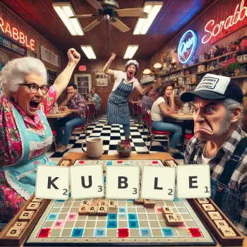Kreatywna ilustracja do gry w Scrabble ze słowem KUBLE ułożonym z płytek na planszy.