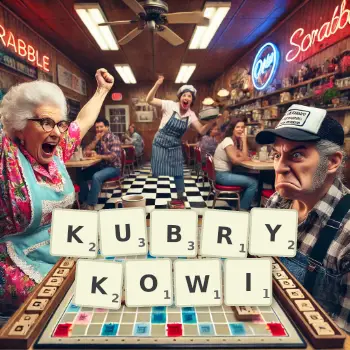 Kreatywna ilustracja do gry w Scrabble ze słowem KUBRYKOWI ułożonym z płytek na planszy.