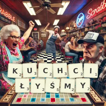 Kreatywna ilustracja do gry w Scrabble ze słowem KUCHCIŁYŚMY ułożonym z płytek na planszy.