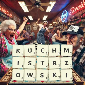 Kreatywna ilustracja do gry w Scrabble ze słowem KUCHMISTRZOWSKI ułożonym z płytek na planszy.