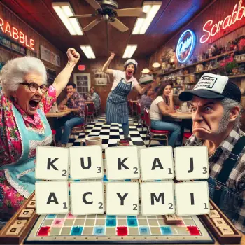 Kreatywna ilustracja do gry w Scrabble ze słowem KUKAJACYMI ułożonym z płytek na planszy.