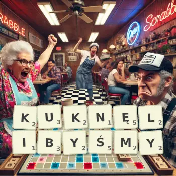Kreatywna ilustracja do gry w Scrabble ze słowem KUKNĘLIBYŚMY ułożonym z płytek na planszy.