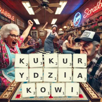 Kreatywna ilustracja do gry w Scrabble ze słowem KUKURYDZIAKOWI ułożonym z płytek na planszy.