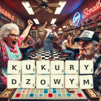 Kreatywna ilustracja do gry w Scrabble ze słowem KUKURYDZOWYM ułożonym z płytek na planszy.