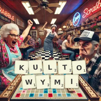 Kreatywna ilustracja do gry w Scrabble ze słowem KULTOWYMI ułożonym z płytek na planszy.