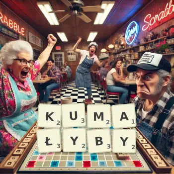 Kreatywna ilustracja do gry w Scrabble ze słowem KUMAŁYBY ułożonym z płytek na planszy.