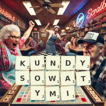 Kreatywna ilustracja do gry w Scrabble ze słowem KUNDYSOWATYMI ułożonym z płytek na planszy.