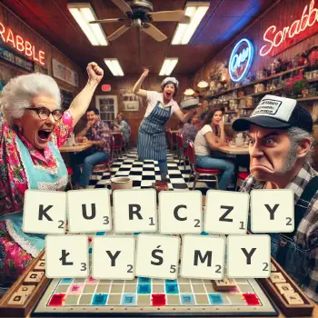 Kreatywna ilustracja do gry w Scrabble ze słowem KURCZYŁYŚMY ułożonym z płytek na planszy.