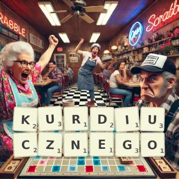 Kreatywna ilustracja do gry w Scrabble ze słowem KURDIUCZNEGO ułożonym z płytek na planszy.