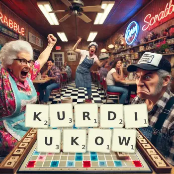 Kreatywna ilustracja do gry w Scrabble ze słowem KURDIUKOW ułożonym z płytek na planszy.