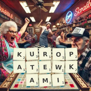 Kreatywna ilustracja do gry w Scrabble ze słowem KUROPATEWKAMI ułożonym z płytek na planszy.