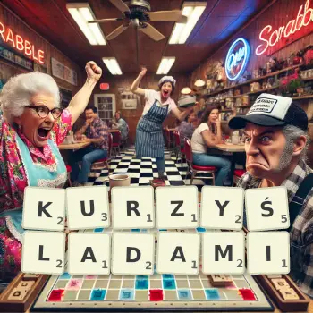 Kreatywna ilustracja do gry w Scrabble ze słowem KURZYŚLADAMI ułożonym z płytek na planszy.