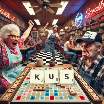 Kreatywna ilustracja do gry w Scrabble ze słowem KUS ułożonym z płytek na planszy.