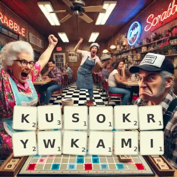 Kreatywna ilustracja do gry w Scrabble ze słowem KUSOKRYWKAMI ułożonym z płytek na planszy.