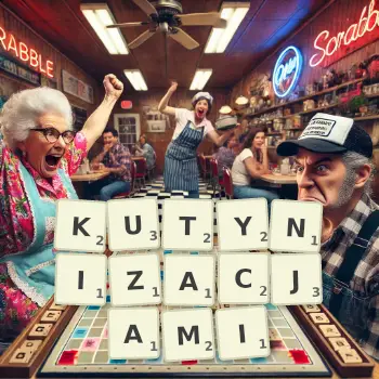 Kreatywna ilustracja do gry w Scrabble ze słowem KUTYNIZACJAMI ułożonym z płytek na planszy.