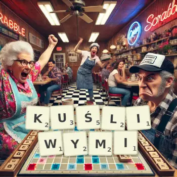 Kreatywna ilustracja do gry w Scrabble ze słowem KUŚLIWYMI ułożonym z płytek na planszy.