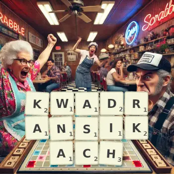 Kreatywna ilustracja do gry w Scrabble ze słowem KWADRANSIKACH ułożonym z płytek na planszy.