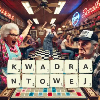 Kreatywna ilustracja do gry w Scrabble ze słowem KWADRANTOWEJ ułożonym z płytek na planszy.