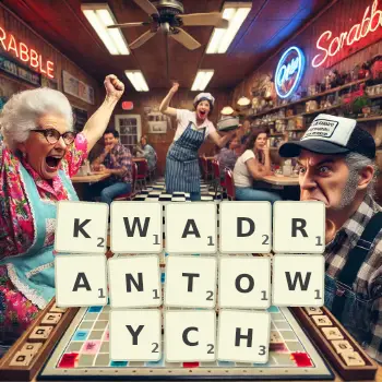 Kreatywna ilustracja do gry w Scrabble ze słowem KWADRANTOWYCH ułożonym z płytek na planszy.