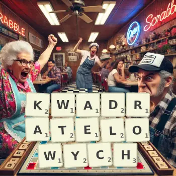 Kreatywna ilustracja do gry w Scrabble ze słowem KWADRATELOWYCH ułożonym z płytek na planszy.